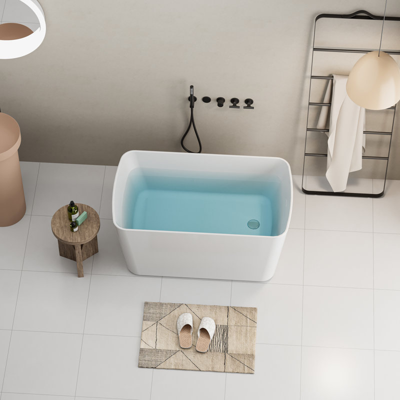 Baignoire de trempage autoportante 49 po en acrylique, spa japonais de forme carrée, trop-plein chromé et drain rapide, blanc