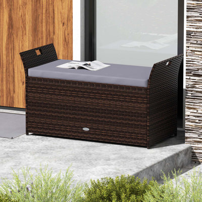 Outdoor Bench with Hand-woven PE Rattan Wicker Cushion & Side Handles Storage Grey