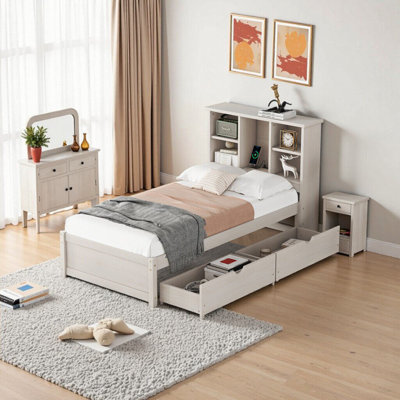 Structure de lit simple moderne avec port USB intégré, tête de lit bibliothèque et 2 tiroirs - blanc délavé