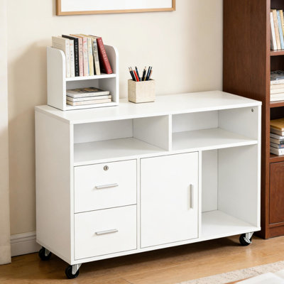 Armoire mobile pour imprimante et articles de bureau essentiels - 3 tablettes, 2 tiroirs, armoire, freins verrouillables, style contemporain, panneau de particules, L 39,25 po x l 13,75 po H 25,5 po