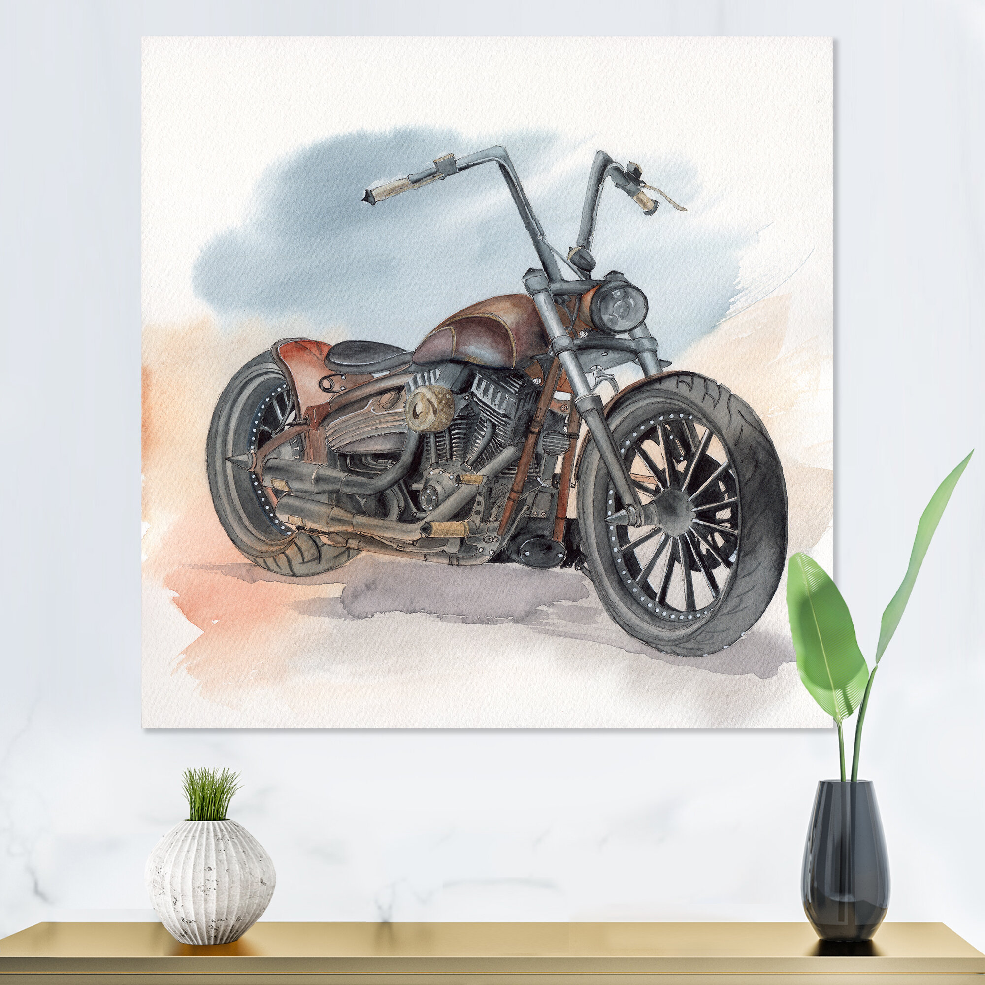 Vintage Motorcycle On Blue Sky Vintage Canvas Wall Art Print