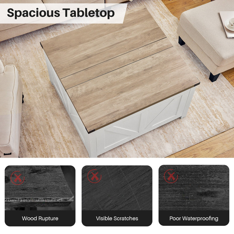 Farmhouse 34.6" Lift Top Coffee Table With Storage, Square Coffee Table With Large Hidden Storage Compartment And Hydraulic Gas Rod, Large Square Coffee Table For Living Room