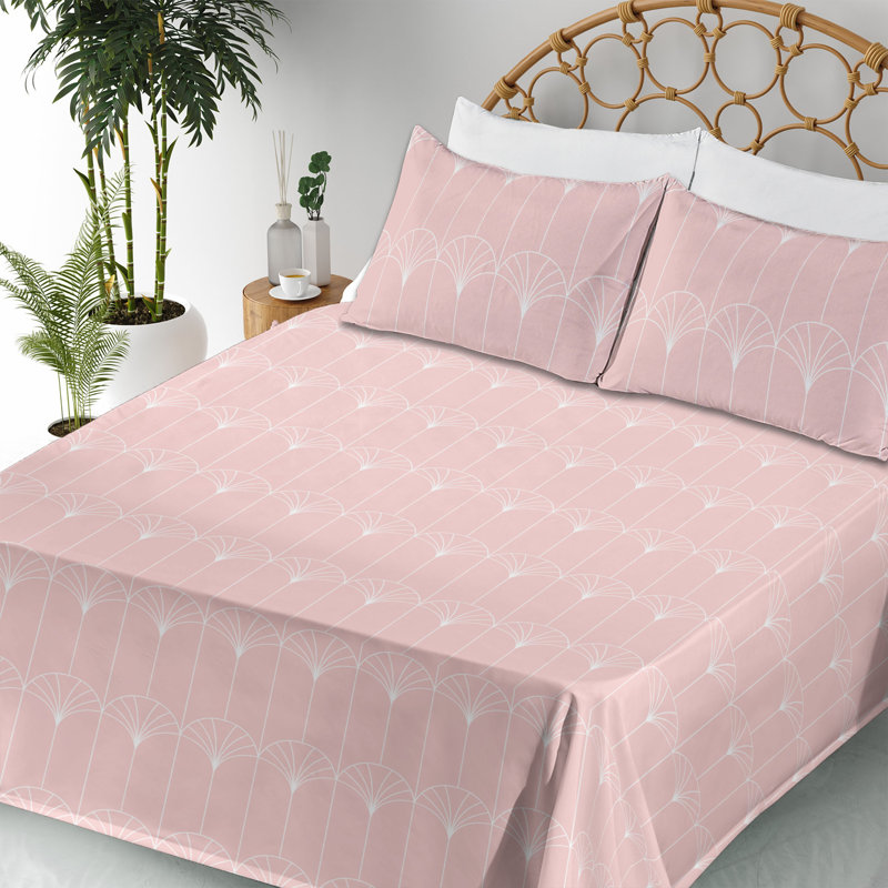 Microfiber Sheet Set, Full Sheet Set with 2 Pillowcases, Light Rose/White Geometric