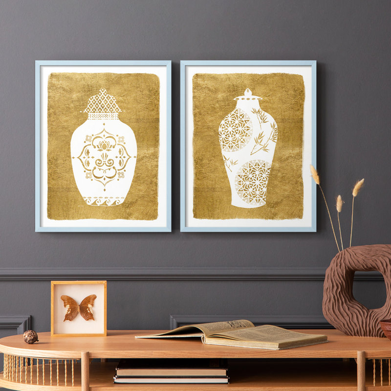 Golden Urn I - impression encadrée de qualité supérieure - prête à être accrochée - aucun clou requis - aucun clou requis