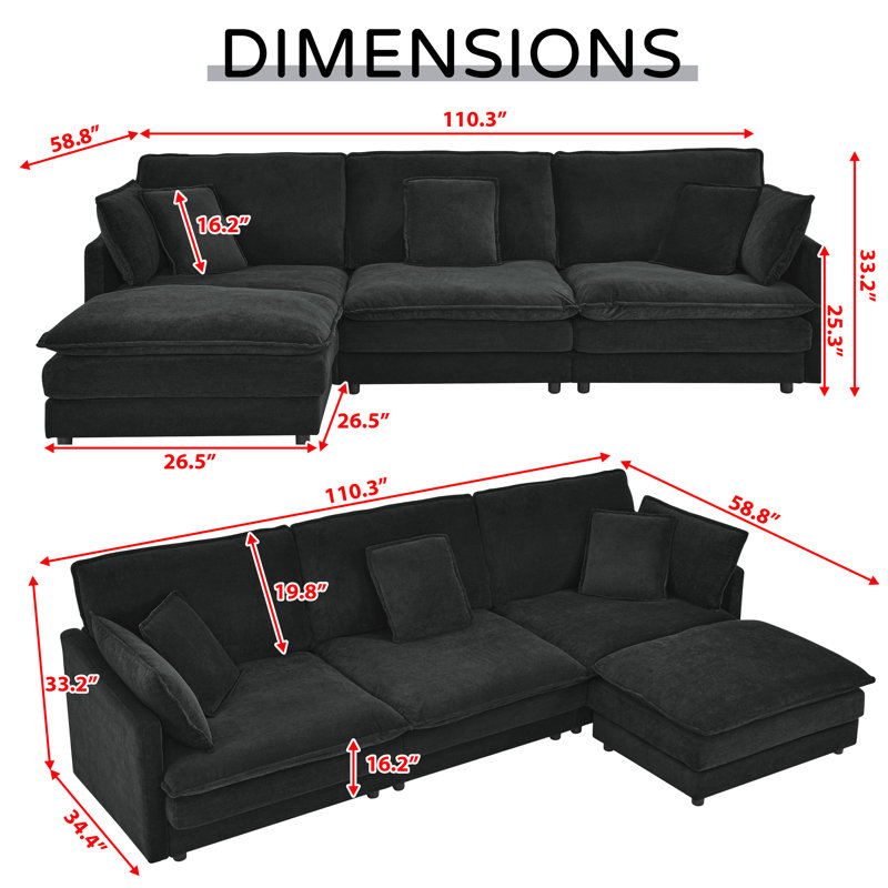 Canapé modulaire en L avec repose-pieds surdimensionné et canapé 4 places pour le salon, Noir