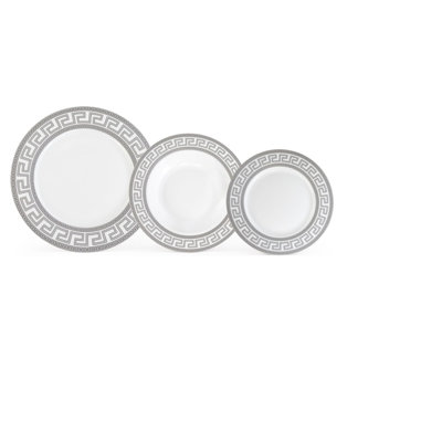 Silver Greek Key Porcelain Dinner Set, 12 Piece Set, Service For 4 Person