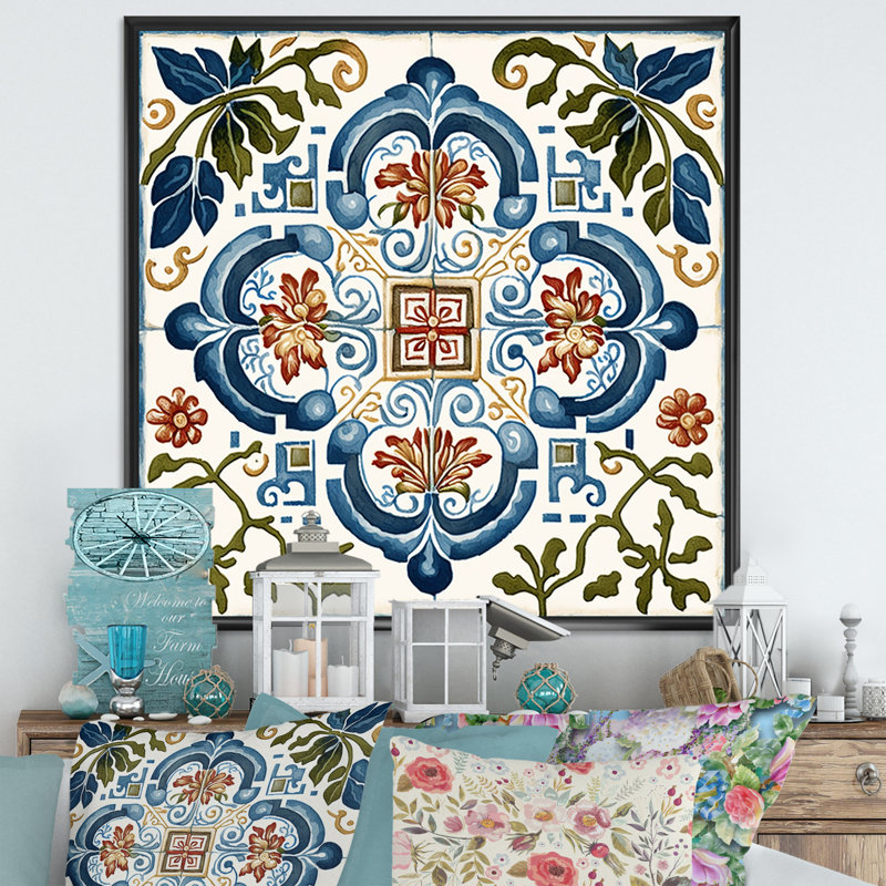 Motif de tuiles méditerranéennes rétro bleu I - abstrait, L 30 po x H 30 po, Toile avec cadre flottant noir