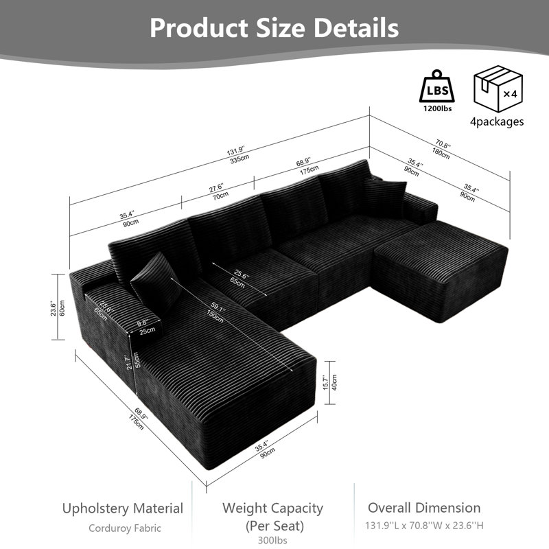 U-Shaped Sectional Sofa with Ottoman & Chaise Lounge, Upholstered Plush Corduroy Fabric Modular Couch for Large Spaces, Compressed Furniture No Assembly Required