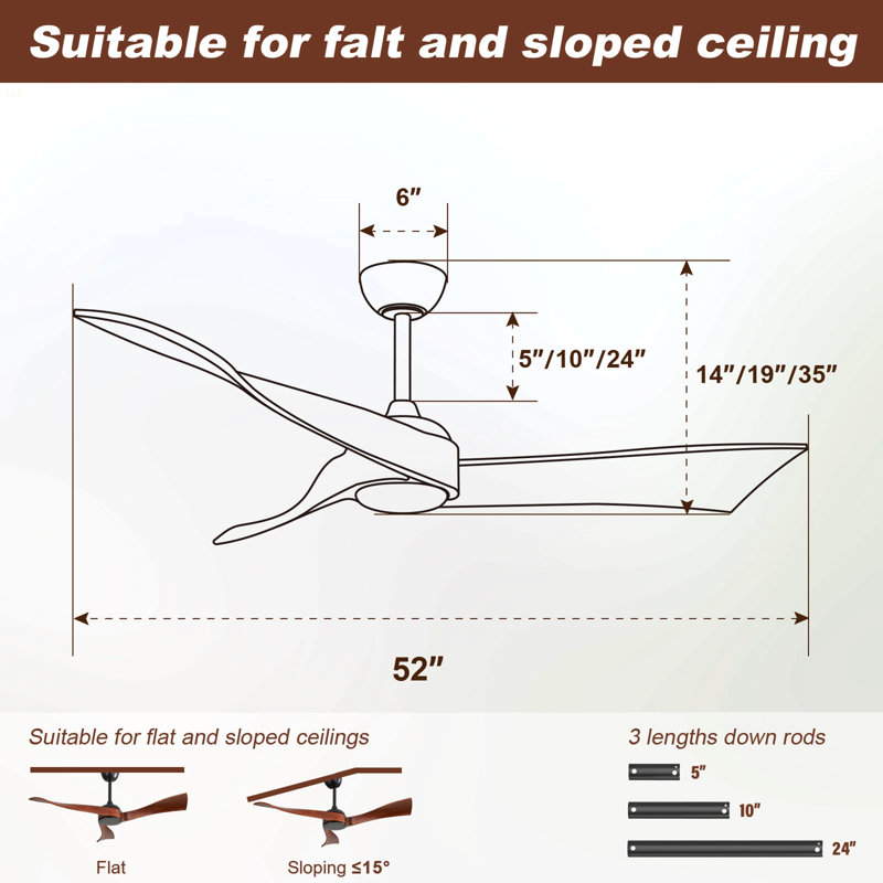 52 Inch Modern Ceiling Fan Without Light 6 Speed Remote 3 Solid Wood Blade Reversible DC Motor For Indoor&Outdoor, Black