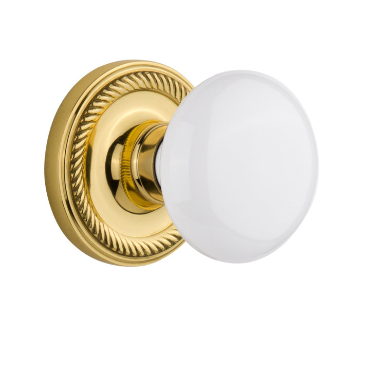 Rosette corde avec bouton de porte en porcelaine blanche, Laiton non laqué