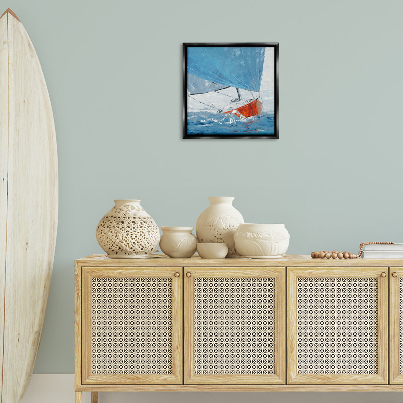 «Crashing Waves Against Boat», art mural encadré flottant par John Burrows, Cadre flottant noir de jais, H 18 po x l 18 po