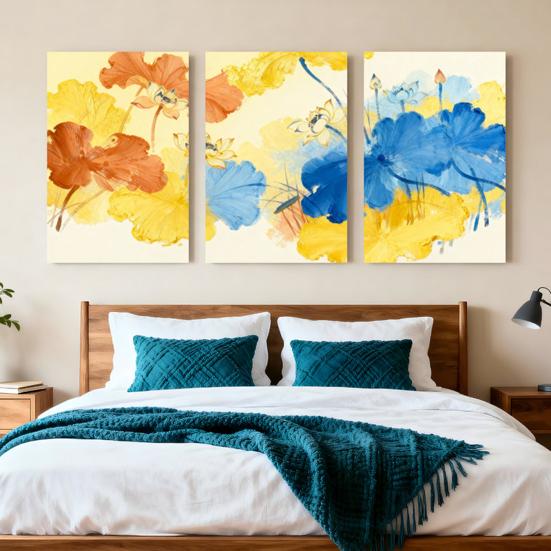 Tableau abstrait floral aquarelle sur toile tendue (lot de 3), H 18 po x l 36 po