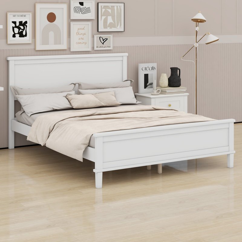 Lit plateforme en bois avec tête de lit et lattes en bois, Lit double, Blanc