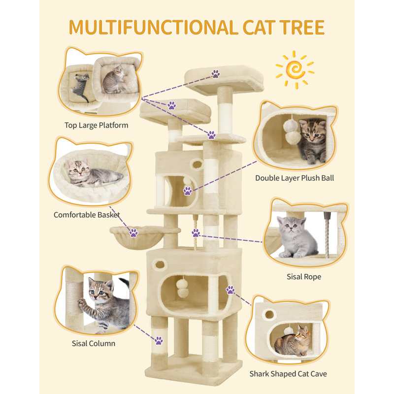 159 cm Cat Tree for Indoor Cats, Cat Tower, Multi-Level Cats Condo with 8 Scratching Posts, 3 Platforms, 2 Caves, Basket, Plush Balls, Sisal Rope, Anti-Tip Kit