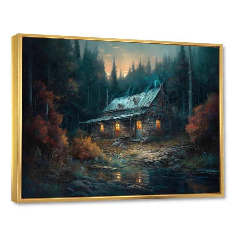 Cabine dans les bois - art mural sur toile forêt, H 12 po x l 20 po x P 1 po, Cadre flottant doré