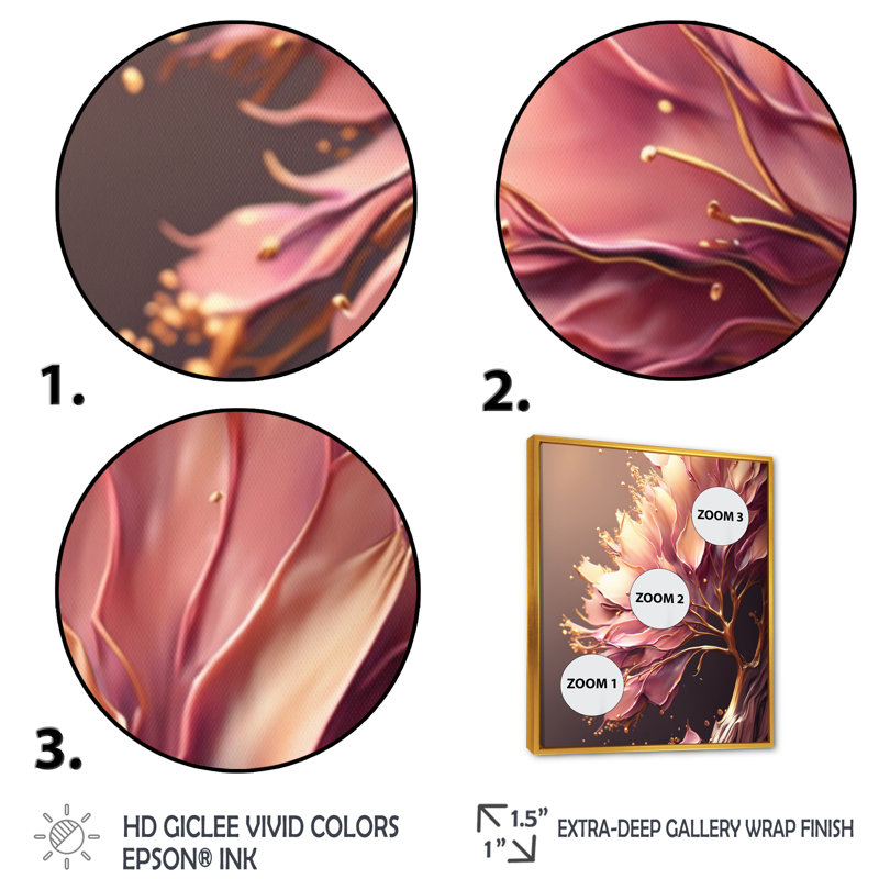 Abstrait rose et feuilles dorées IV - Impression sur toile, H 32 po x l 16 po x P 1 po, Cadre flottant doré