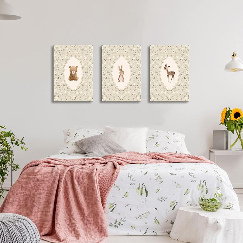 Vintage Woodland Animals Nursery Canvas Wall Art Cute Bunny Bear Deer Picture Wall Decor Country Poster Painting Print Neutral Artwork For Girls Room Kids Room Baby Room Bedroom Farmhouse Decortion