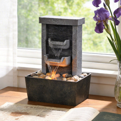 Indoor Tabletop Water Fountain with LED Light, 2-Tier Stone-Look Waterfall with River Rocks, Plug-In Zen Water Feature for Home & Office Decor