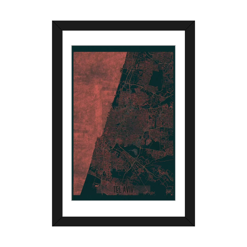 Carte urbaine Tel Tel, H 24 po x l 16 po x P 1 po, Papier d'art encadré noir, Blanc