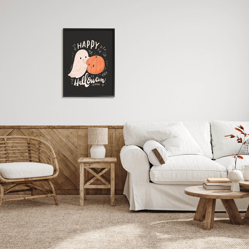 Joyeux Halloween, fantôme souriant - 210, H 30 po x l 24 po x P 1,5 po, Giclée encadrée noir minuit
