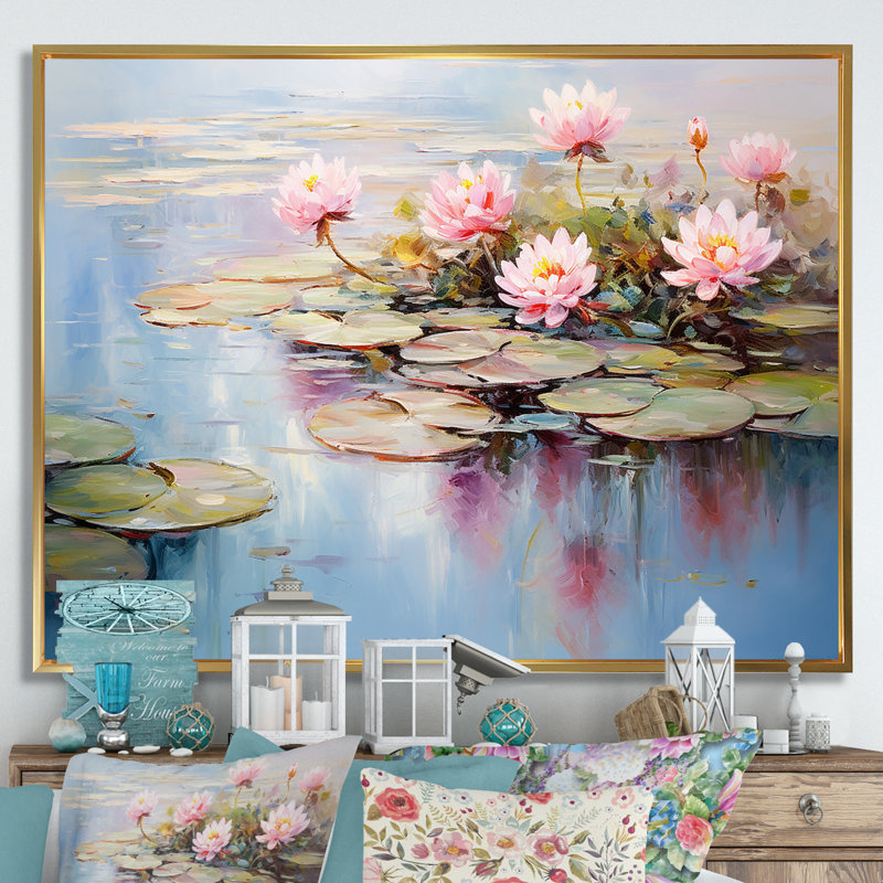 Bleu et vert Monets Lake Reflections 5 - lac, art mural, Cadre flottant doré, H 12 po x l 20 po x P 1 po