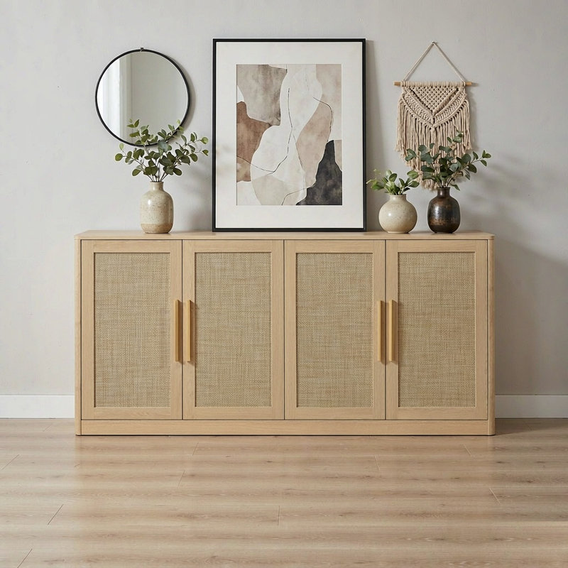 Buffet/meuble de rangement bohème en rotin de 170 cm (67 po) avec 4 portes tressées, étagères intérieures et coins arrondis, chêne