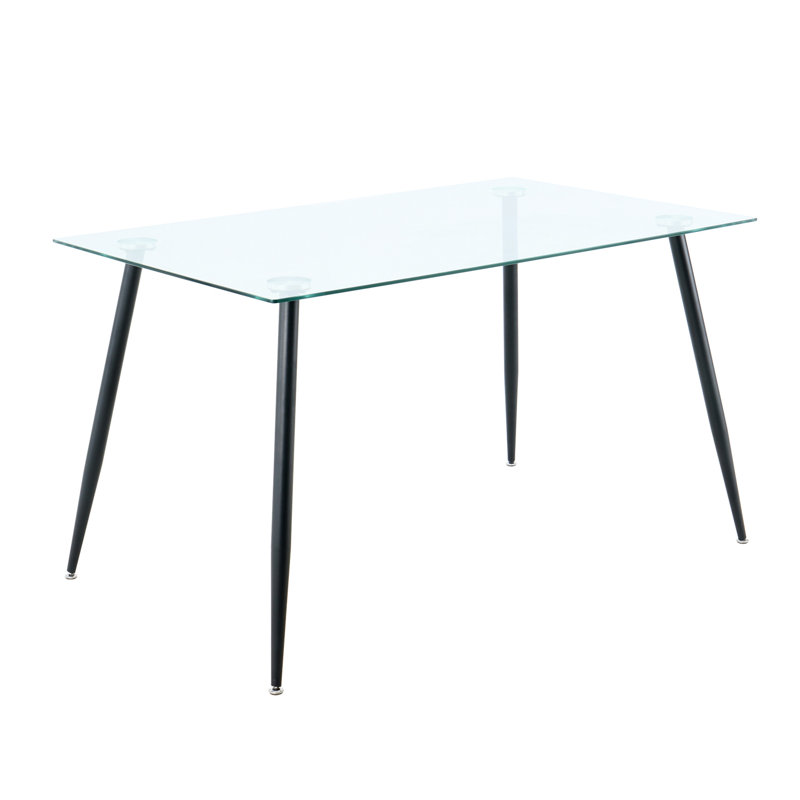 Table rectangulaire en verre trempé de 51 po avec pieds en métal noir, table de salle à manger de beauté moderne avec plateau transparent et protection antidérapante incluse
