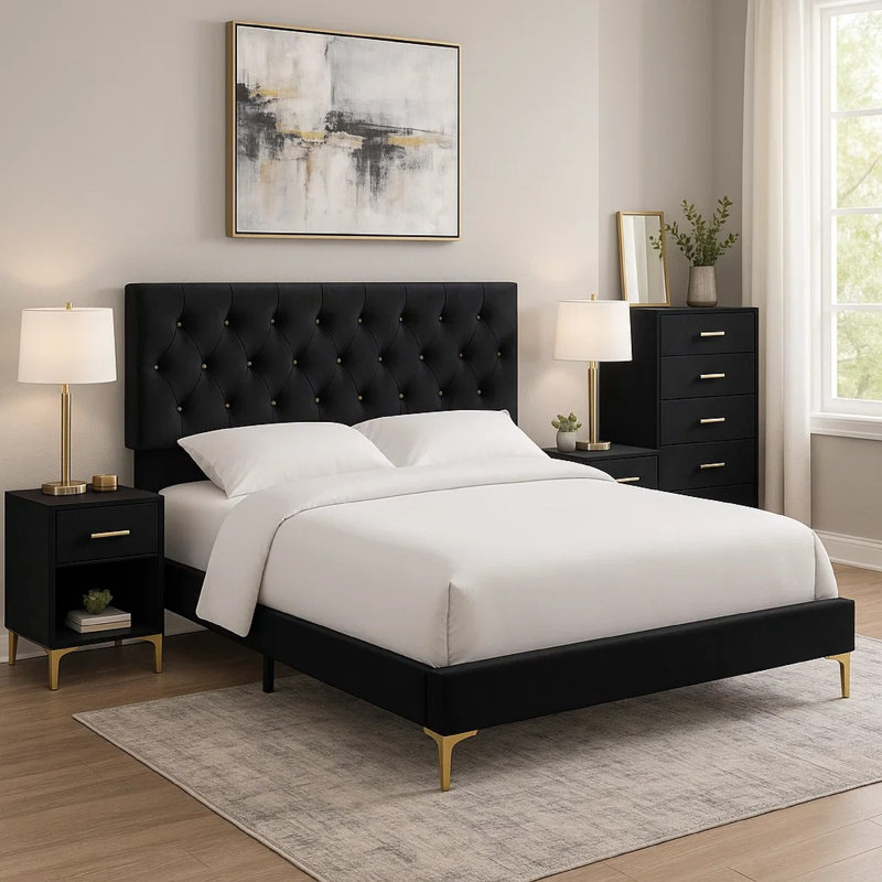 Ensemble de chambre à coucher 4 pièces Dle, capitonné, or moderne Dle, Grand, Blanc