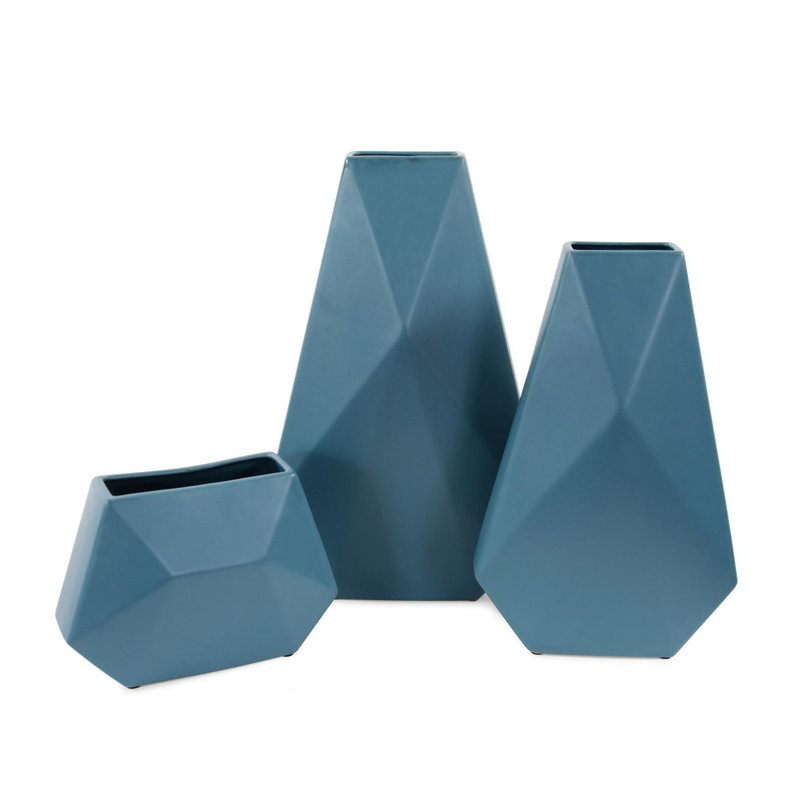 Lalar Matte Teal Contemporary 3-D Geometric Ceramic Vase, 15.5" H x 10" W x 5.5" D