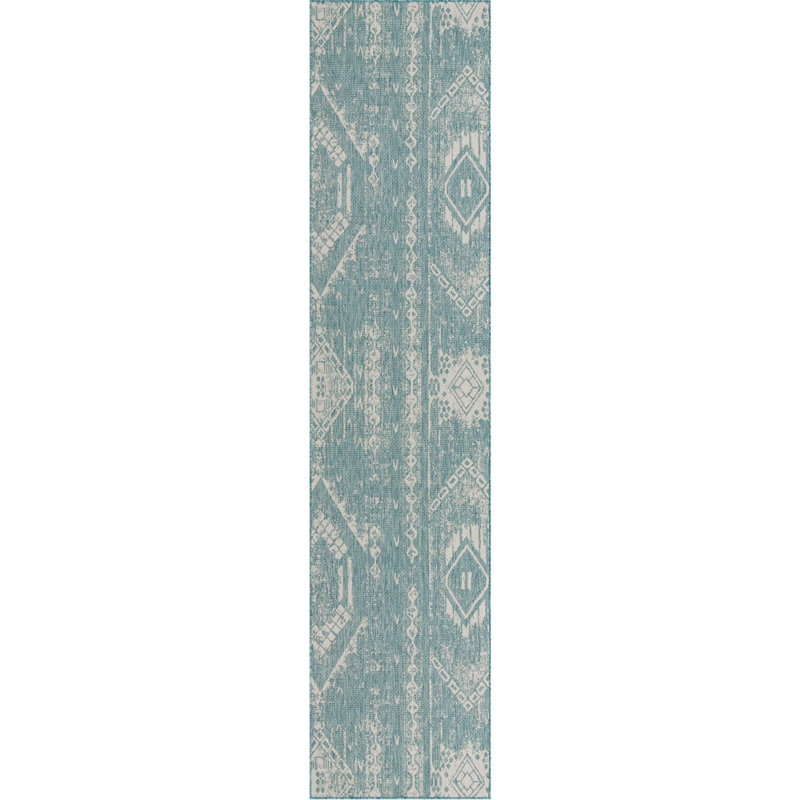 Outdoor Equivine Area Rug Light Aqua-Ivory Color, Runner 3'3" x 14'