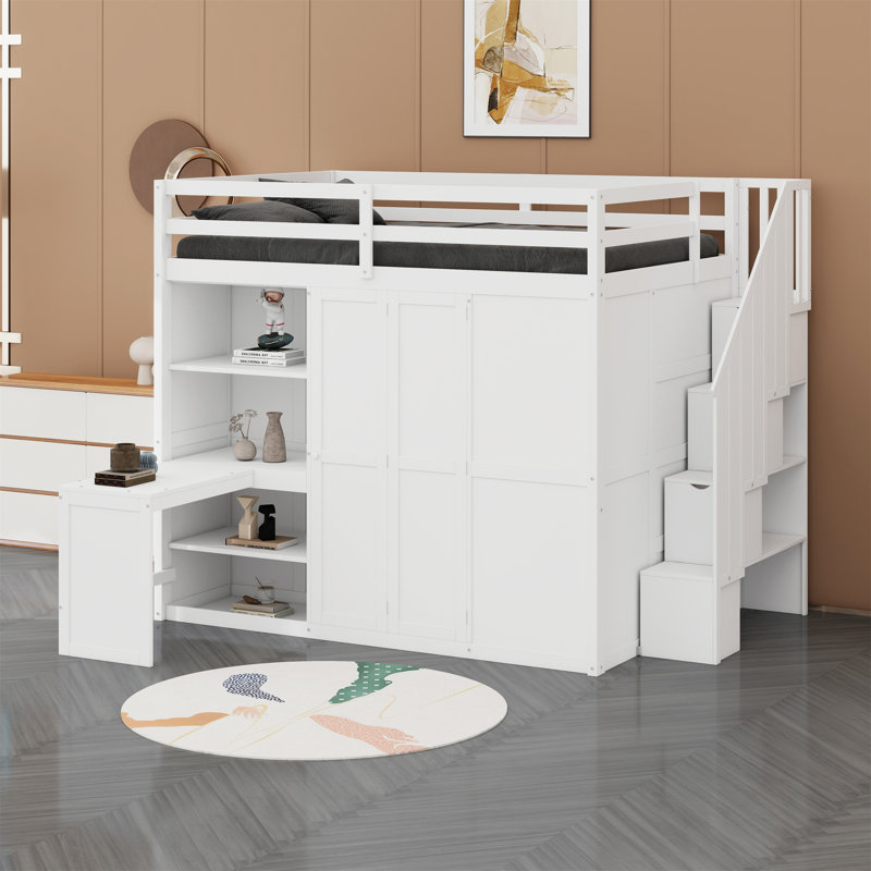 Lit mezzanine avec garde-robe, bureau et tablettes, Blanc