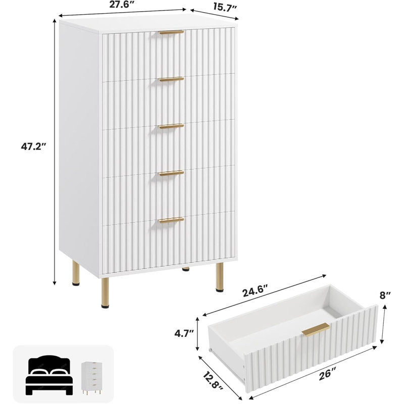 Fluted 5-Drawer Tall Dresser, Modern Wooden Storage Chest with Deep Drawers & Wide Top, Bedroom Organizer for Living Room, Hallway, Kids’ Room