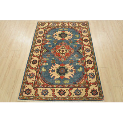 Kazak Rug 4’2” X 5’10” Blue Wool Tribal Hand-Knotted Oriental Carpet