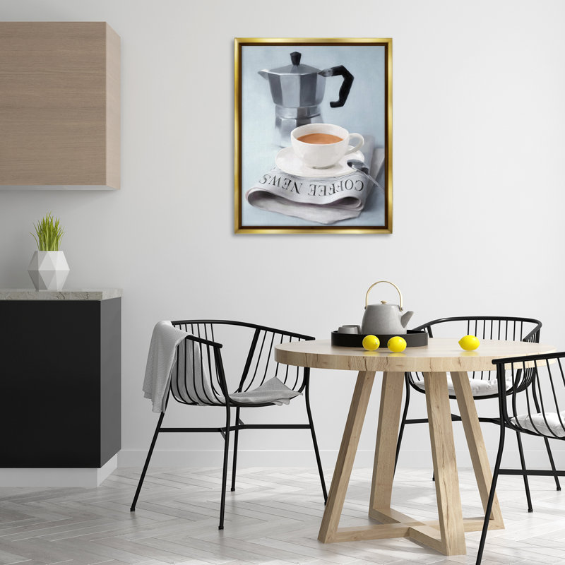 Espresso, café et journal, toile flottante grise encadrée, design par Carol Robinson, H 31 po x l 25 po