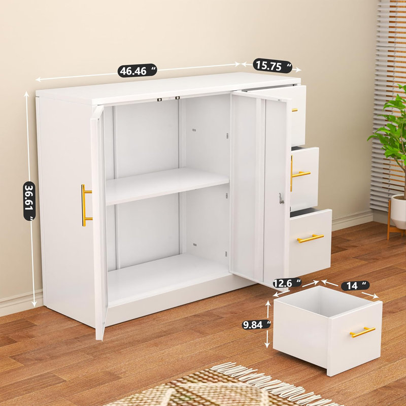 White Metal Sideboard Buffet Cabinet with Gold Handles