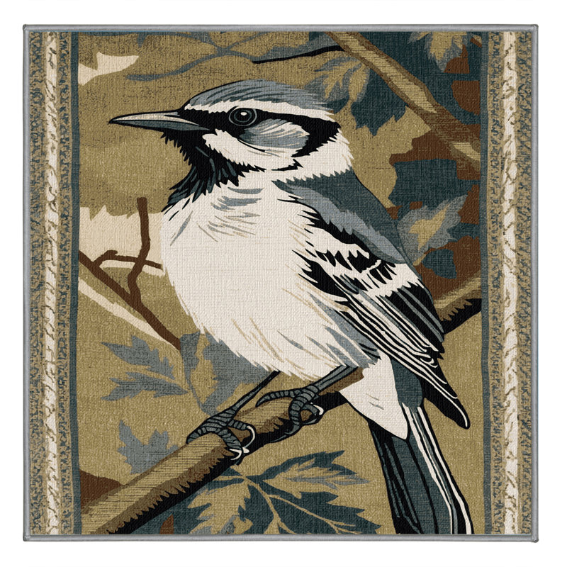 Washable Northern Mockingbird Birds Area Rug, Square 7'