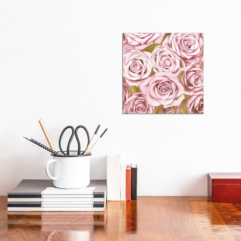 Pink Roses On Gold by Kate Bennett - Print on Canvas, 93.98 cm H x 93.98 cm W x 1.91 cm D, Wrapped Canvas