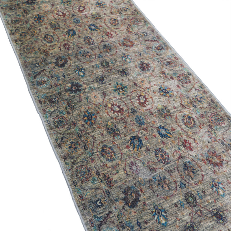 Antibacterial Runner Rug Anti Slip Wool Soft Touch Vintage Floral Distressed Kenley Design for Hallway Stairway Entryway Indoor Washable Carpet