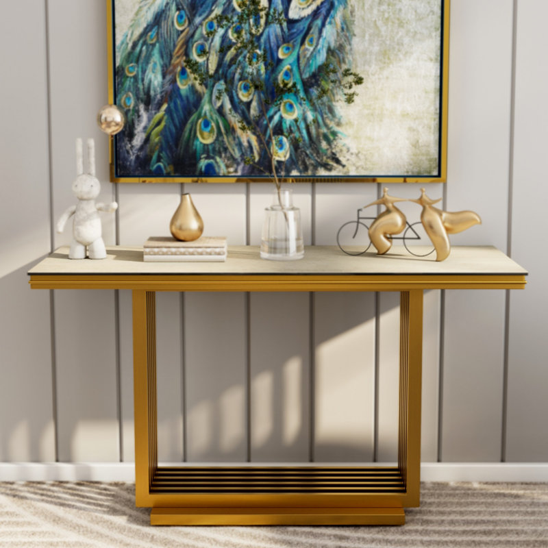 Console en verre, Doré, Beige