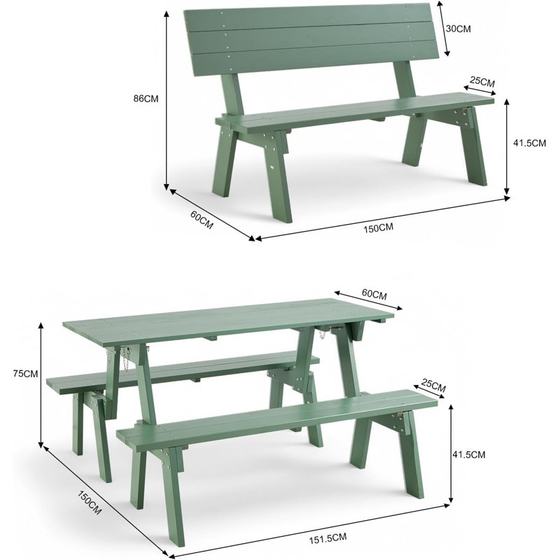 6 - Person Wood Patio Dining Set with Rectangular Table, Green