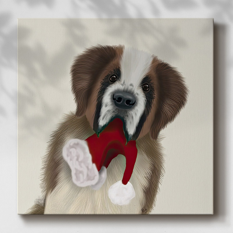 St Bernard et chapeau de Noël sur toile, H 16 po x l 16 po x P 1,5 po