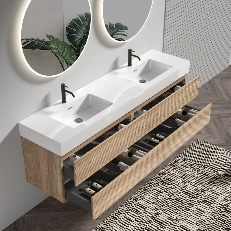 Meuble-lavabo moderne en chêne avec lavabo à quartz, rangement spacieux et design épuré