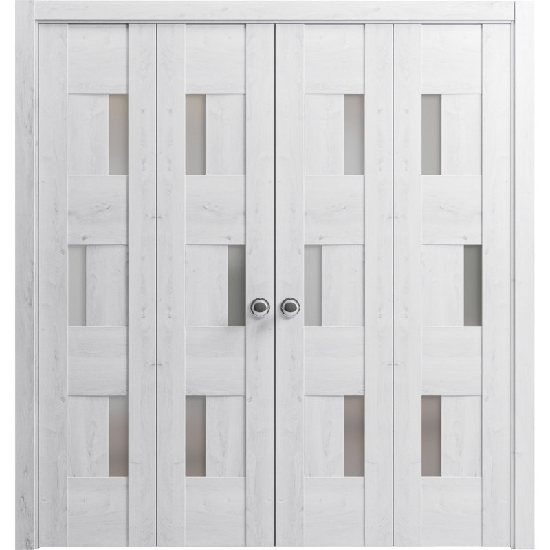 Ensemble de portes coulissantes pliantes doubles pour placard 72 po x 96 po (4 x 18 x 96 po) 6933 Blanc nordique avec verre dépoli, rails robustes, moulures, garnitures et quincaillerie en bois massif pour portes de placard de chambre à coucher