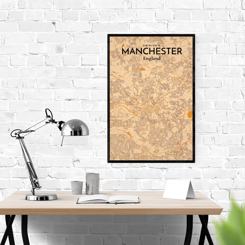 Manchester, Royaume-Uni, carte de la ville - ensemble d'imprimés non encadrés, Orange / or pâle, H 36 po x l 24 po
