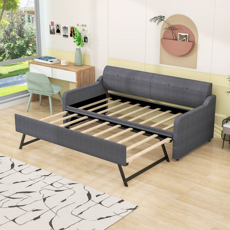Twin Size Upholstered Daybed with Twin Trundle and USB Charging, Gray