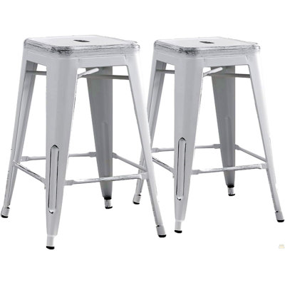 Backless Modern Light Weight Industrial Contemporary Rustic Vintage Costal Metal Bar Stools Without Back And 4 Leg Design (Set Of 2) (24" Seat, Distressed White)