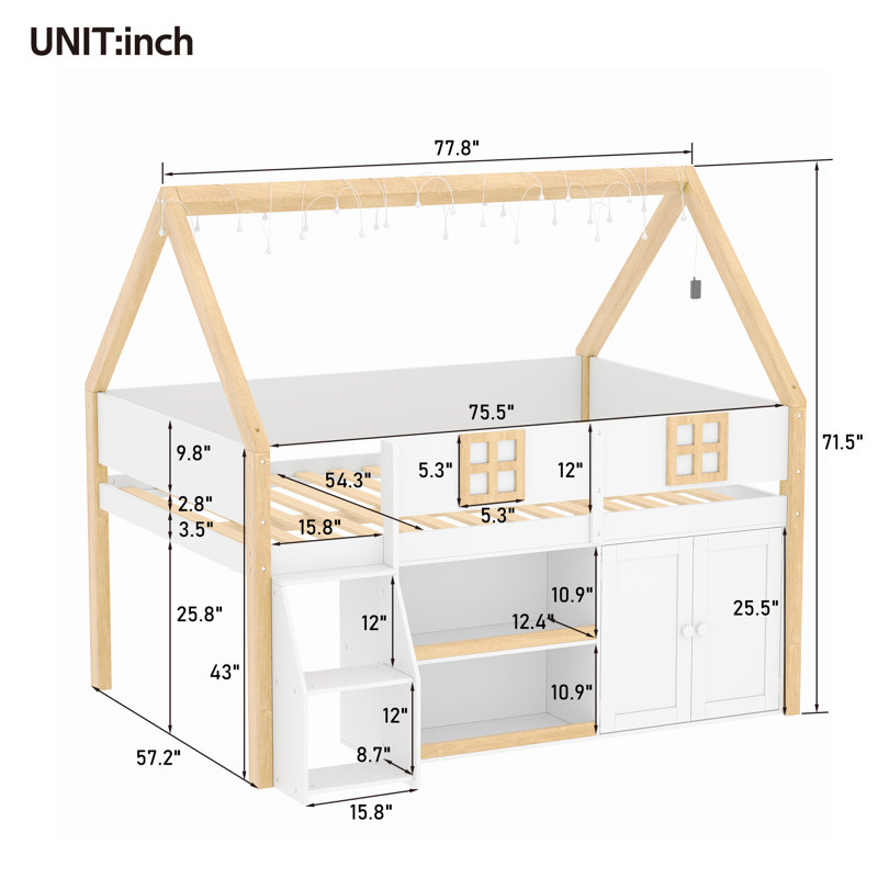 Full Size Low Loft Bed with Step Staircase, Storage Shelves, Cabinets & LED Lights, White/Natural, Full