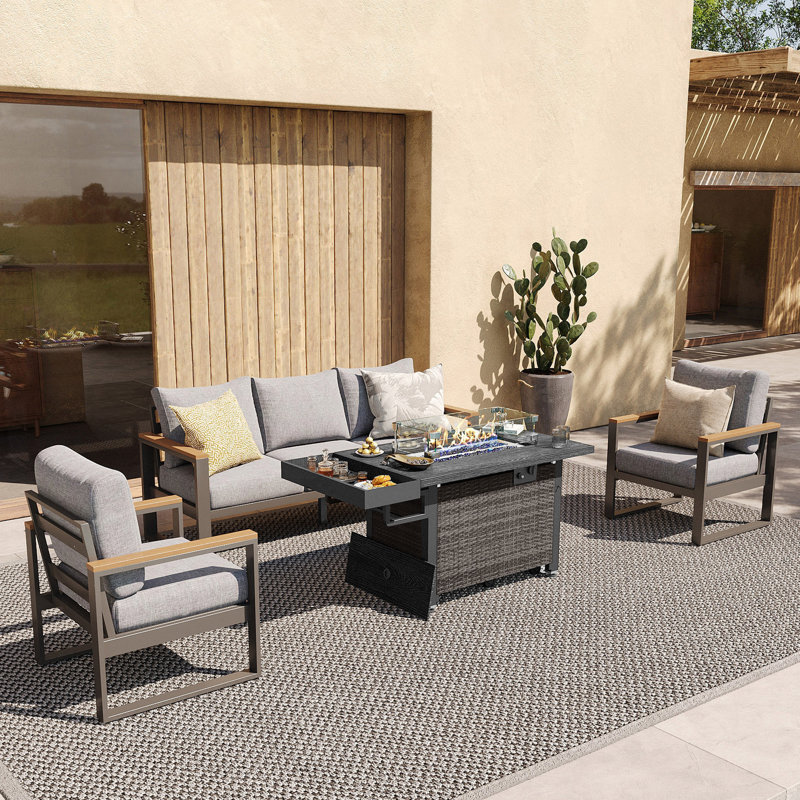4 Pieces Aluminum Outdoor Patio Furniture Set With 52 Inch Fire Pit Table, Gray
