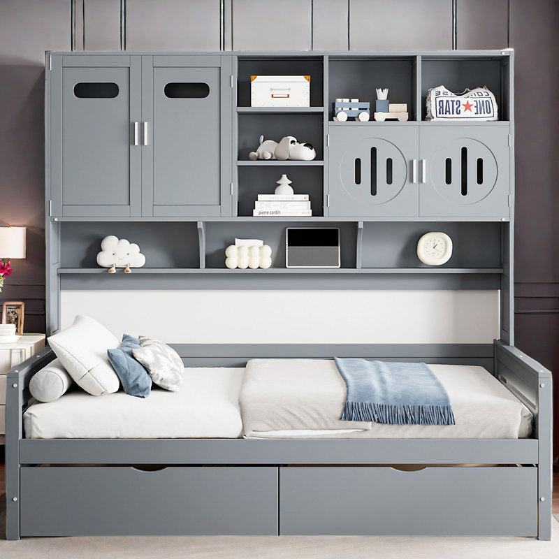 Lit de jour en bois tout-en-un Bellinger avec 2 tiroirs, armoires et tablettes, Gris, Lit simple