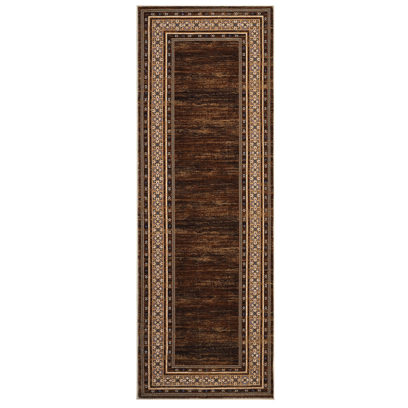 Tapis lavable à bordure moderne Tapis antidérapant pour tapis de cuisine, Brun, Tapis de couloir 2 pi x 6 pi